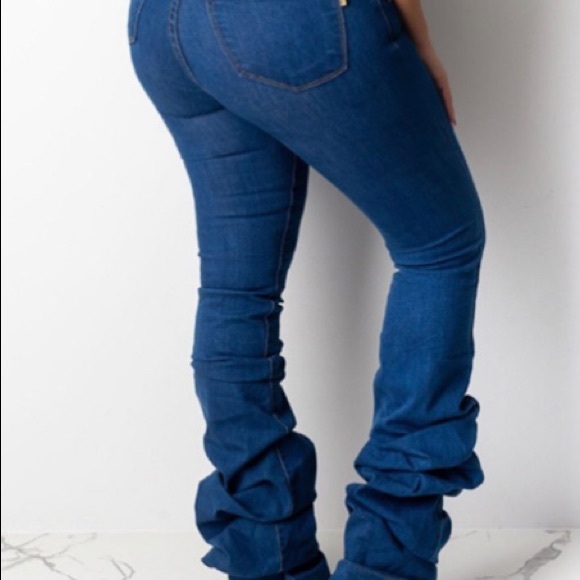 stacked denim jeans